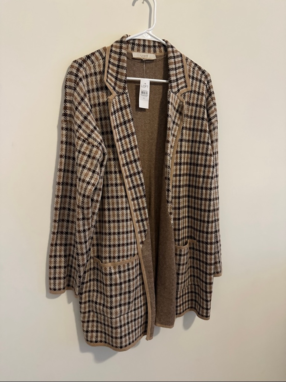 LOFT Tan and Black Plaid Open-Front Cardigan